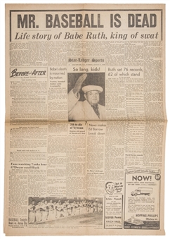 1948 Newark Star Ledger With "MR. BASEBALL IS DEAD" Headline and Articles Of Babe Ruth